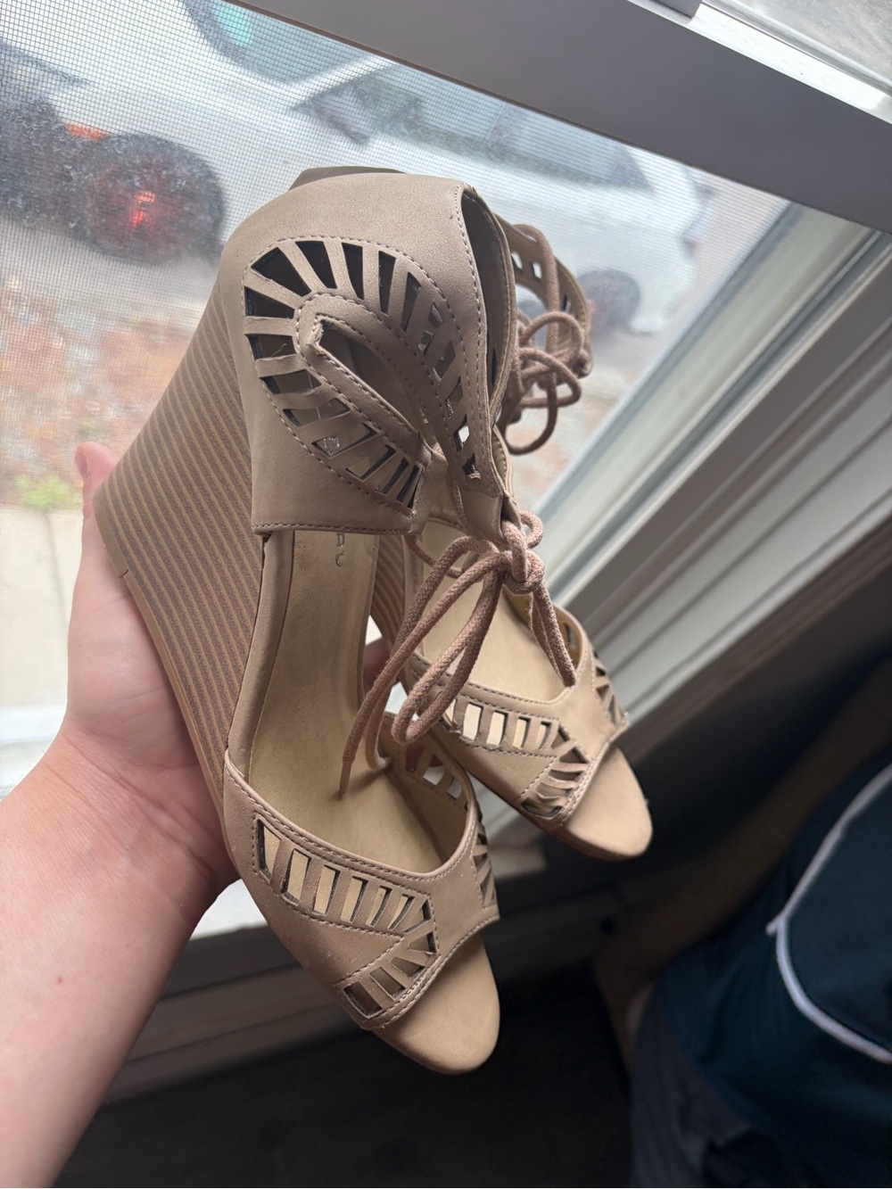 CL by Laundry Taupe Lace-Up Cutout Wedge Sandals